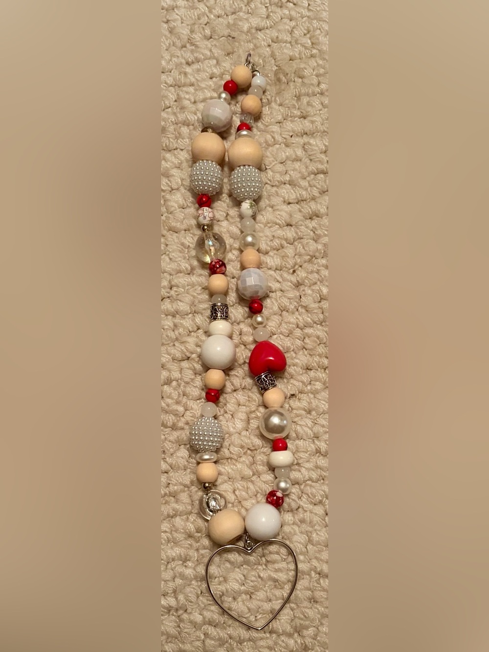 Handcrafted Red and White Heart Pendant Beaded Necklace